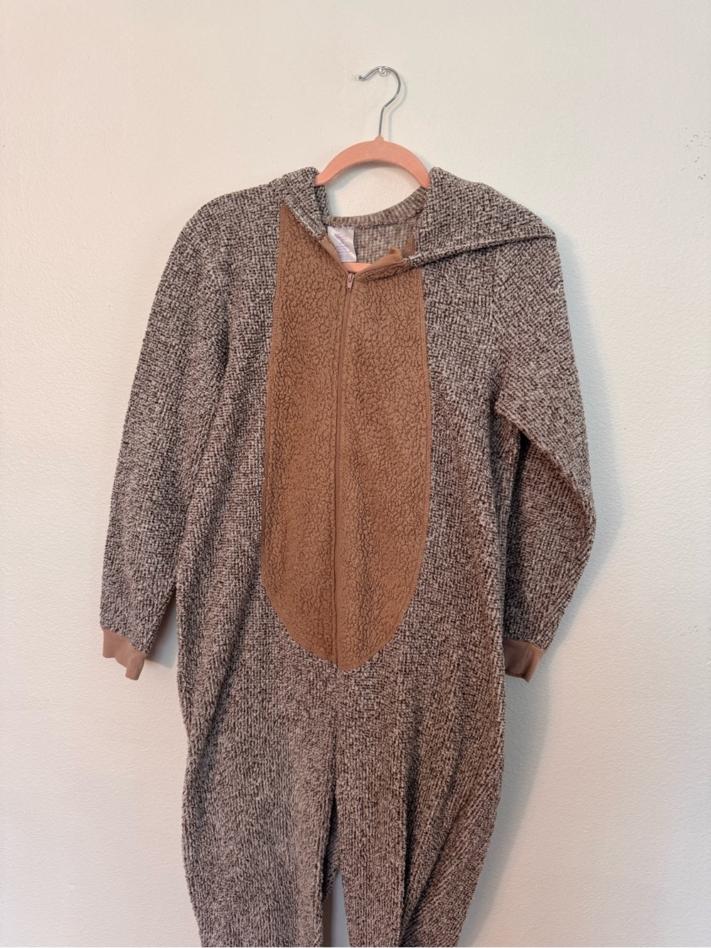 Secret Treasures Plush Hooded Beaver Jumpsuit in Taupe & Cream